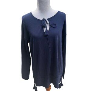 Lilly Pulitzer Womens Navy Long Sleeve Knit Top With Tassel Tie Neck